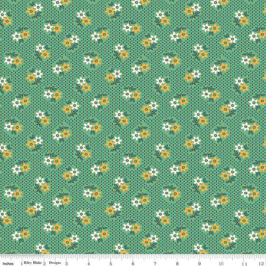 Image of the Gentler Times Nostalgia Alpine quilting cotton fabric by Riley Blake Designs. Features flowers on a green background. Cute Little Fabric Shop
