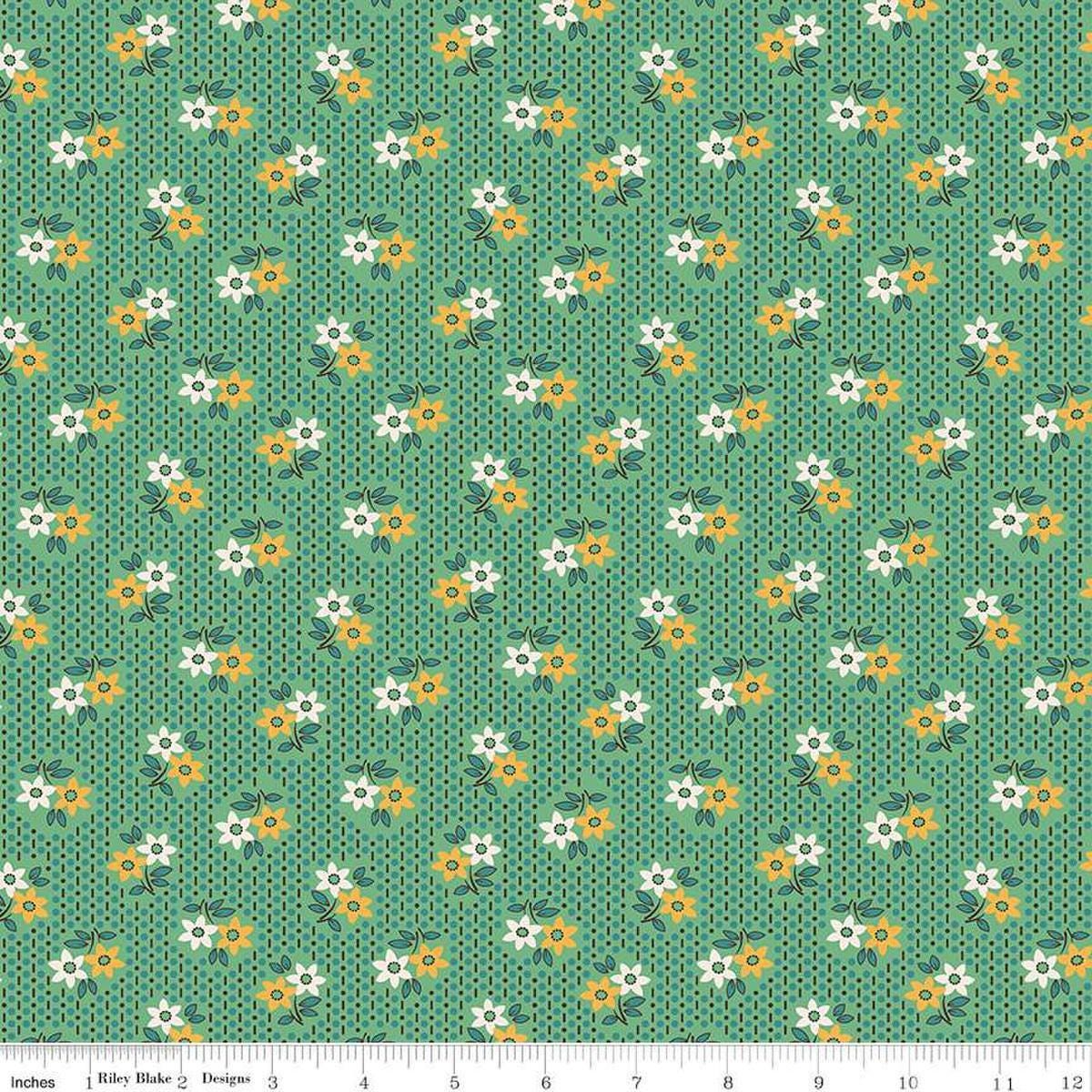 Image of the Gentler Times Nostalgia Alpine quilting cotton fabric by Riley Blake Designs. Features flowers on a green background. Cute Little Fabric Shop