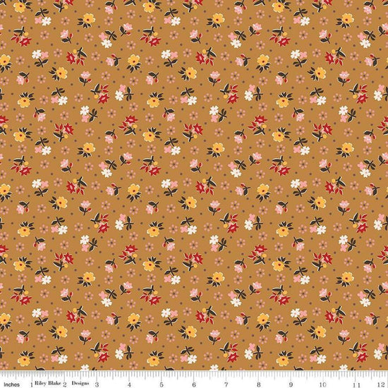 Image of the Gentler Times Reunion Butterscotch quilting cotton fabric by Riley Blake Designs. Features dots on a gold background. Cute Little Fabric Shop