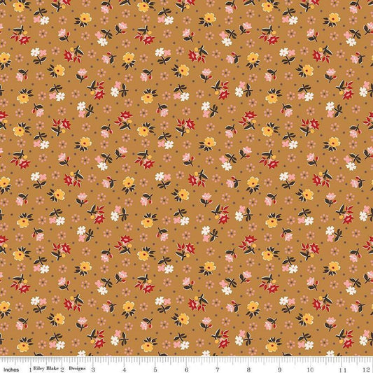 Image of the Gentler Times Reunion Butterscotch quilting cotton fabric by Riley Blake Designs. Features dots on a gold background. Cute Little Fabric Shop