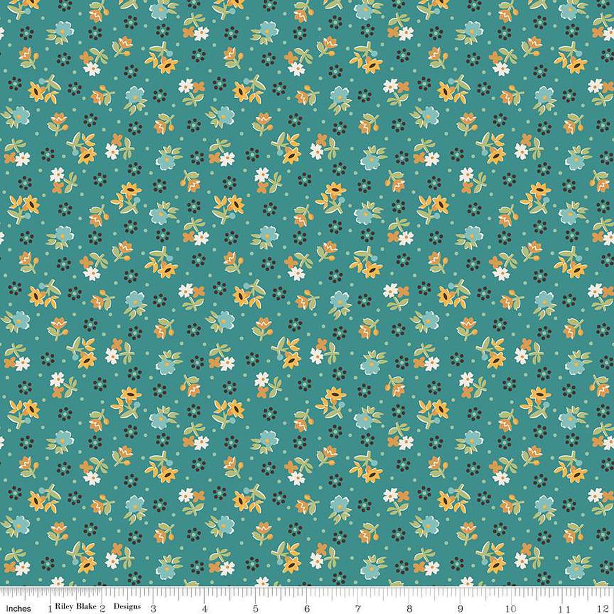 Image of the Gentler Times Reunion Cozy quilting cotton fabric by Riley Blake Designs. Features dots on a teal background. Cute Little Fabric Shop