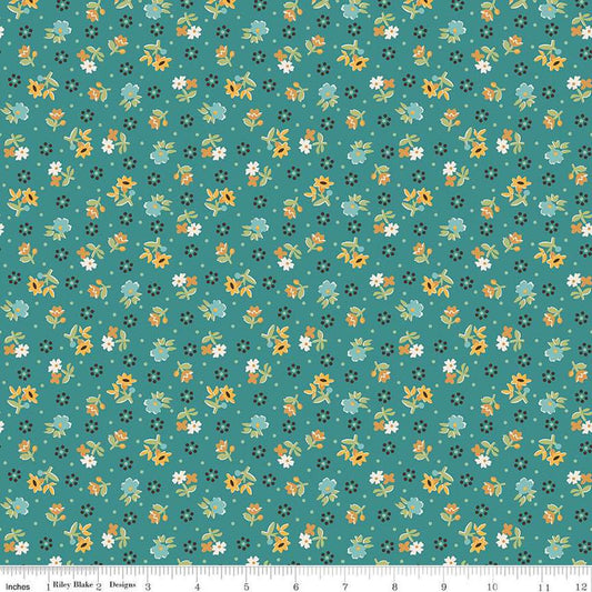 Image of the Gentler Times Reunion Cozy quilting cotton fabric by Riley Blake Designs. Features dots on a teal background. Cute Little Fabric Shop