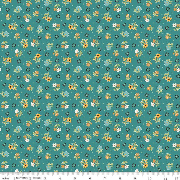 Image of the Gentler Times Reunion Cozy quilting cotton fabric by Riley Blake Designs. Features dots on a teal background. Cute Little Fabric Shop