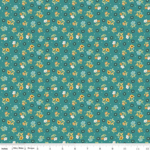 Image of the Gentler Times Reunion Cozy quilting cotton fabric by Riley Blake Designs. Features dots on a teal background. Cute Little Fabric Shop