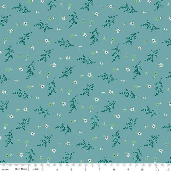 Image of the Gentler Times Delightful Raindrop quilting cotton fabric by Riley Blake Designs. Features flowers on a blue background. Cute Little Fabric Shop