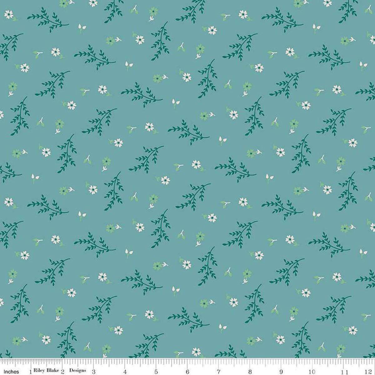 Image of the Gentler Times Delightful Raindrop quilting cotton fabric by Riley Blake Designs. Features flowers on a blue background. Cute Little Fabric Shop