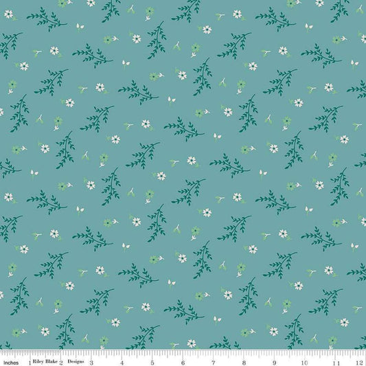 Image of the Gentler Times Delightful Raindrop quilting cotton fabric by Riley Blake Designs. Features flowers on a blue background. Cute Little Fabric Shop