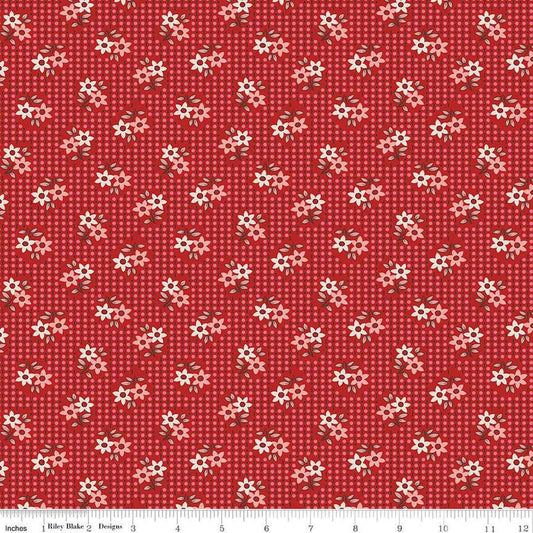 Image of the Gentler Times Nostalgia Schoolhouse quilting cotton fabric by Riley Blake Designs. Features flowers on a red background. Cute Little Fabric Shop