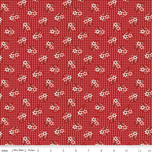 Image of the Gentler Times Nostalgia Schoolhouse quilting cotton fabric by Riley Blake Designs. Features flowers on a red background. Cute Little Fabric Shop