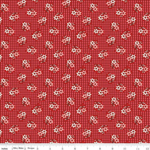 Image of the Gentler Times Nostalgia Schoolhouse quilting cotton fabric by Riley Blake Designs. Features flowers on a red background. Cute Little Fabric Shop