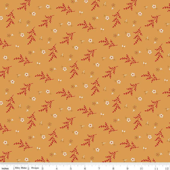 Image of the Gentler Times Delightful Cider quilting cotton fabric by Riley Blake Designs. Features flowers on a gold background. Cute Little Fabric Shop