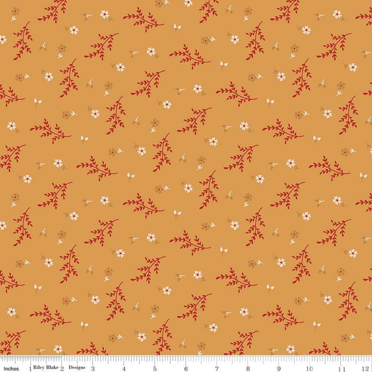 Image of the Gentler Times Delightful Cider quilting cotton fabric by Riley Blake Designs. Features flowers on a gold background. Cute Little Fabric Shop