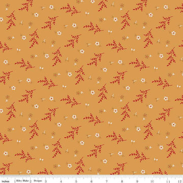 Image of the Gentler Times Delightful Cider quilting cotton fabric by Riley Blake Designs. Features flowers on a gold background. Cute Little Fabric Shop