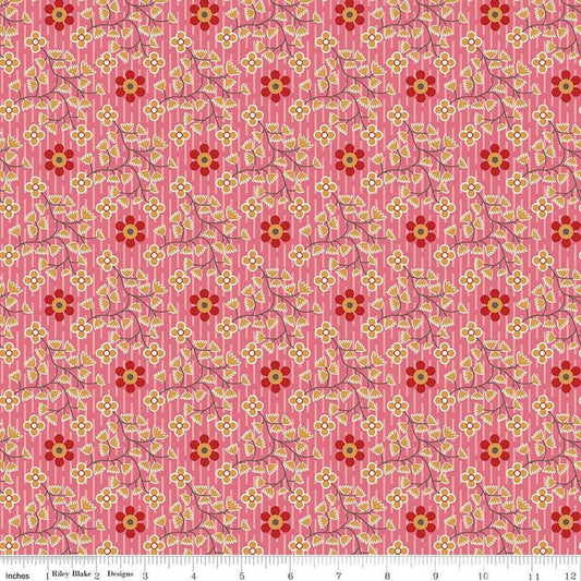 Image of the Gentler Times Swell Tea Rose quilting cotton fabric by Riley Blake Designs. Features flowers on a pink background. Cute Little Fabric Shop