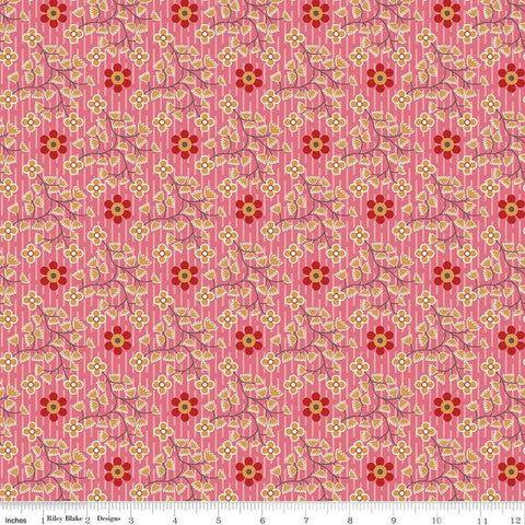Image of the Gentler Times Swell Tea Rose quilting cotton fabric by Riley Blake Designs. Features flowers on a pink background. Cute Little Fabric Shop