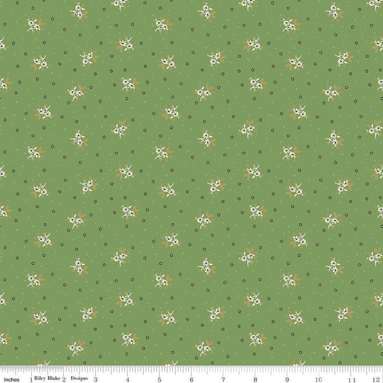 Image of the Gentler Times Lovely Basil quilting cotton fabric by Riley Blake Designs. Features flowers on a green background. Cute Little Fabric Shop