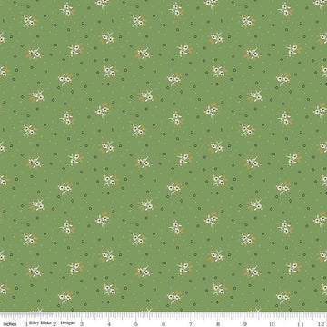 Image of the Gentler Times Lovely Basil quilting cotton fabric by Riley Blake Designs. Features flowers on a green background. Cute Little Fabric Shop
