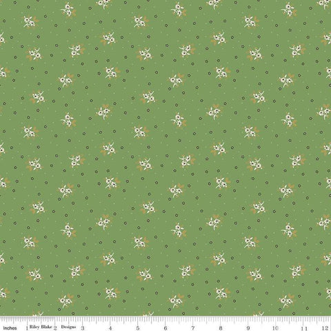 Image of the Gentler Times Lovely Basil quilting cotton fabric by Riley Blake Designs. Features flowers on a green background. Cute Little Fabric Shop