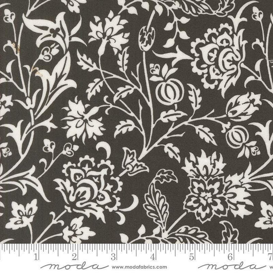 Image of the Agatha Road Harvest Midnight quilting cotton fabric by Moda Fabrics. Features vines on a black background. Cute Little Fabric Shop
