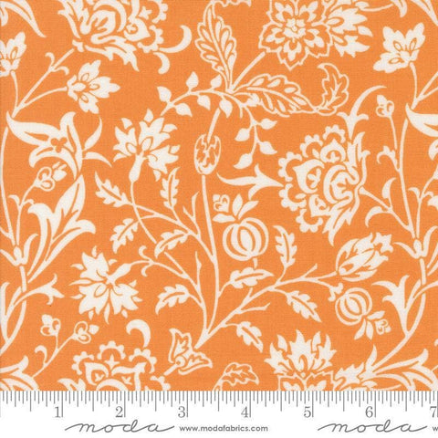 Image of the Agatha Road Harvest Pumpkin quilting cotton fabric by Moda Fabrics. Features vines on an orange background. Cute Little Fabric Shop