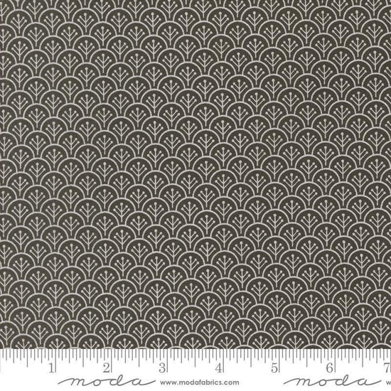 Image of the Agatha Road Scallops Midnight quilting cotton fabric by Moda Fabrics. Features scallops on a black background. Cute Little Fabric Shop