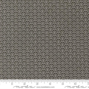 Image of the Agatha Road Scallops Midnight quilting cotton fabric by Moda Fabrics. Features scallops on a black background. Cute Little Fabric Shop