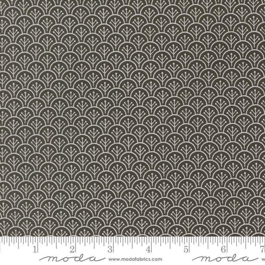 Image of the Agatha Road Scallops Midnight quilting cotton fabric by Moda Fabrics. Features scallops on a black background. Cute Little Fabric Shop