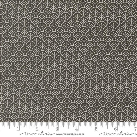 Image of the Agatha Road Scallops Midnight quilting cotton fabric by Moda Fabrics. Features scallops on a black background. Cute Little Fabric Shop