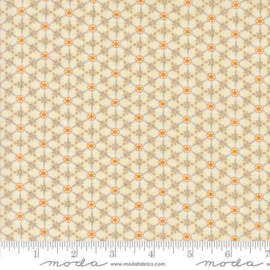 Image of the Agatha Road Wreaths Ghost Multi quilting cotton fabric by Moda Fabrics. Features flowers on a tan background. Cute Little Fabric Shop