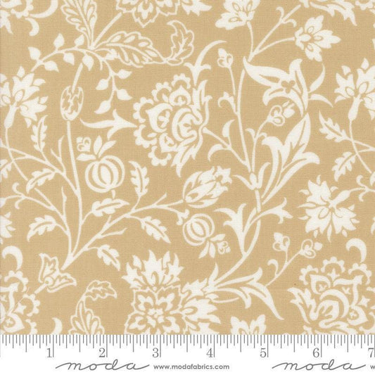 Image of the Agatha Road Harvest Fog quilting cotton fabric by Moda Fabrics. Features vines on a tan background. Cute Little Fabric Shop