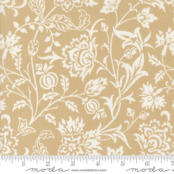 Image of the Agatha Road Harvest Fog quilting cotton fabric by Moda Fabrics. Features vines on a tan background. Cute Little Fabric Shop