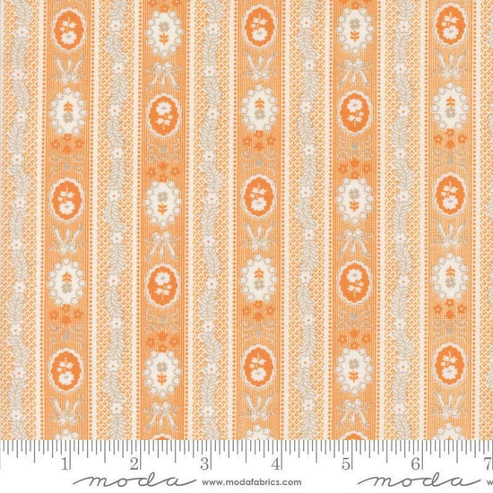 Image of the Agatha Road Wallpaper Pumpkin quilting cotton fabric by Moda Fabrics. Features flowers on an orange background. Cute Little Fabric Shop