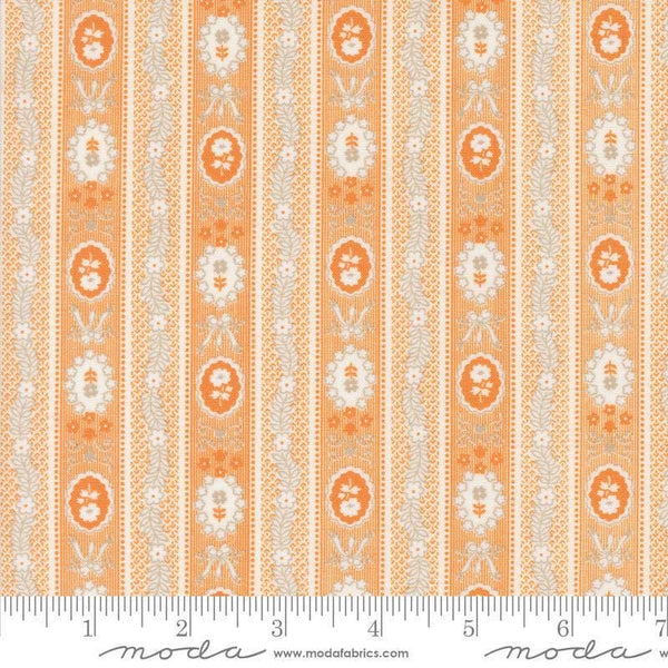 Image of the Agatha Road Wallpaper Pumpkin quilting cotton fabric by Moda Fabrics. Features flowers on an orange background. Cute Little Fabric Shop