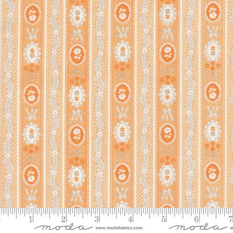 Image of the Agatha Road Wallpaper Pumpkin quilting cotton fabric by Moda Fabrics. Features flowers on an orange background. Cute Little Fabric Shop