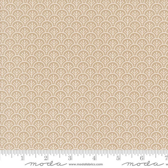 Image of the Agatha Road Scallops Thunder quilting cotton fabric by Moda Fabrics. Features scallops on a tan background. Cute Little Fabric Shop