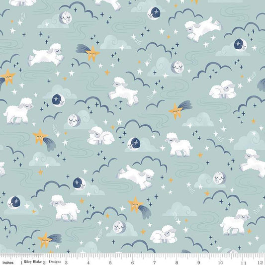 Image of the Twinkle Little Star Main Mist quilting cotton fabric by Riley Blake Designs. Features sheep on a blue background. Cute Little Fabric Shop