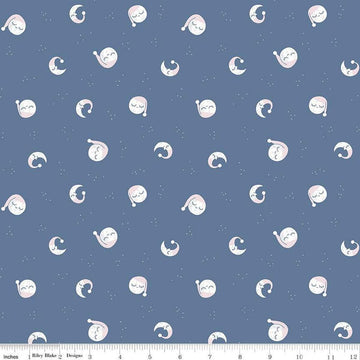 Image of the Twinkle Little Star Goodnight Moon Denim quilting cotton fabric by Riley Blake Designs. Features stars on a blue background. Cute Little Fabric Shop