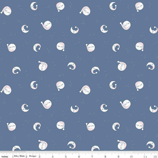 Image of the Twinkle Little Star Goodnight Moon Denim quilting cotton fabric by Riley Blake Designs. Features stars on a blue background. Cute Little Fabric Shop