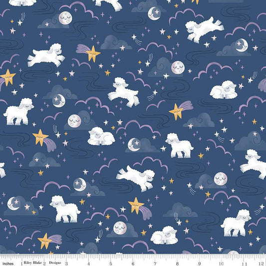 Image of the Twinkle Little Star Main Nighttime quilting cotton fabric by Riley Blake Designs. Features sheep on a blue background. Cute Little Fabric Shop