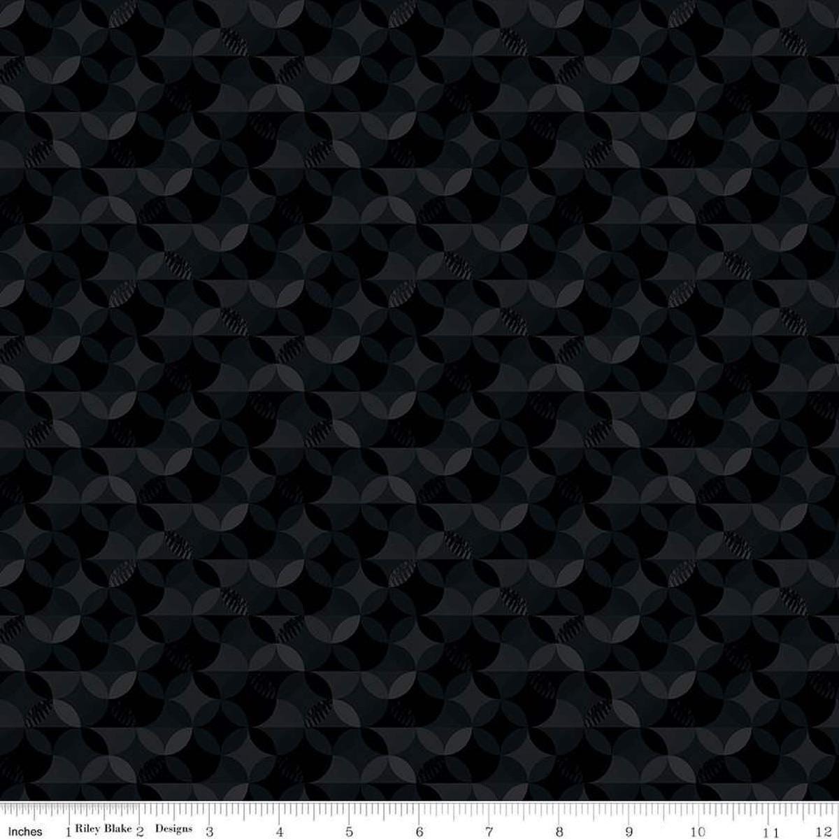 Image of the New Box of Crayons Kaleidoscope Black Quilting Cotton Fabric by Riley Blake Designs. Features orange peel on a black background. Cute Little Fabric Shop