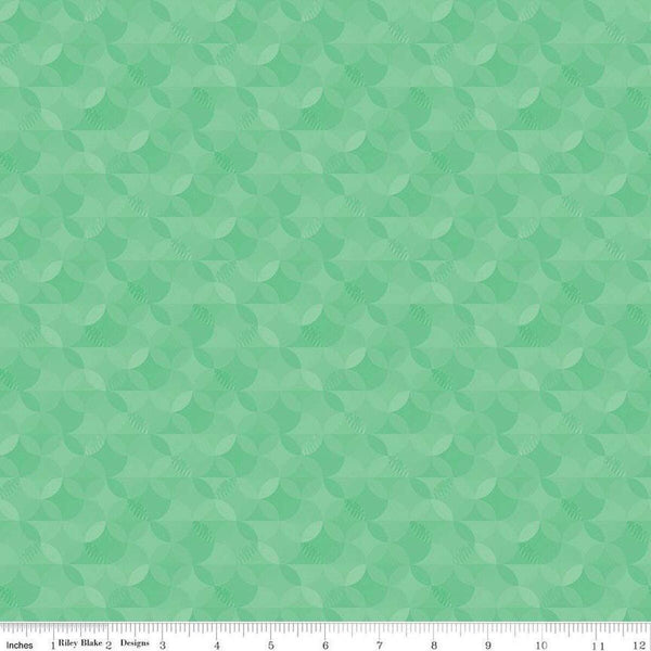 Image of the New Box of Crayons Kaleidoscope Mint Quilting Cotton Fabric by Riley Blake Designs. Features orange peel on a green background. Cute Little Fabric Shop