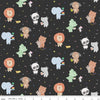 Image of the New Box of Crayons Main Black Quilting Cotton Fabric by Riley Blake Designs. Features animals on a black background. Cute Little Fabric Shop