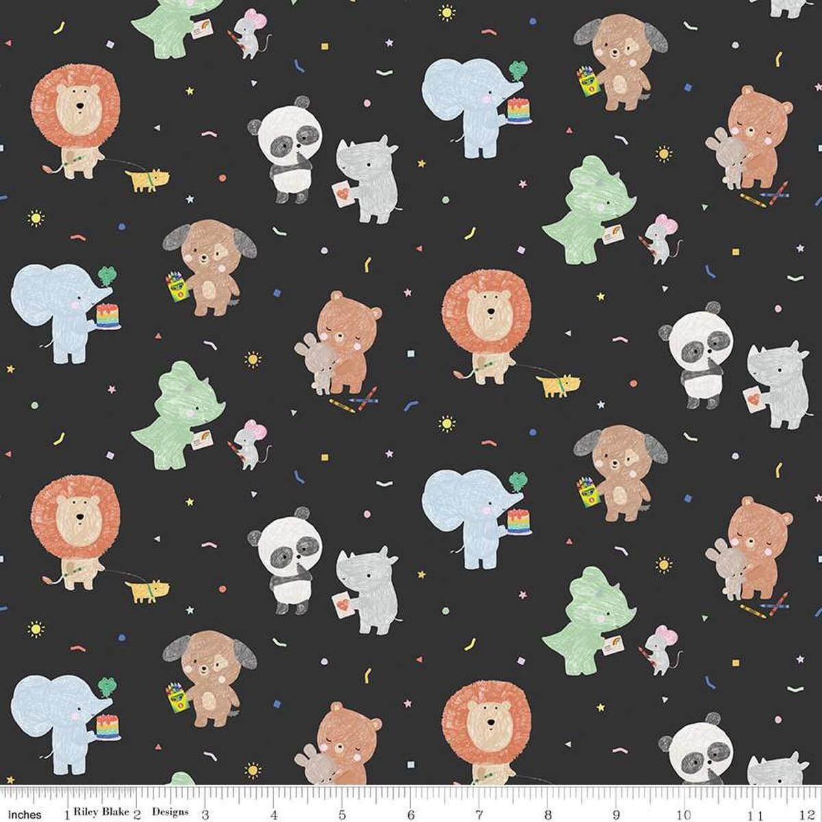 Image of the New Box of Crayons Main Black Quilting Cotton Fabric by Riley Blake Designs. Features animals on a black background. Cute Little Fabric Shop
