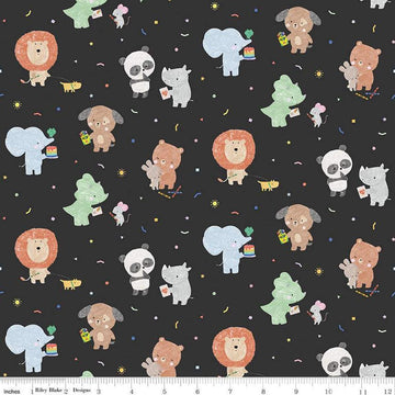 Image of the New Box of Crayons Main Black Quilting Cotton Fabric by Riley Blake Designs. Features animals on a black background. Cute Little Fabric Shop