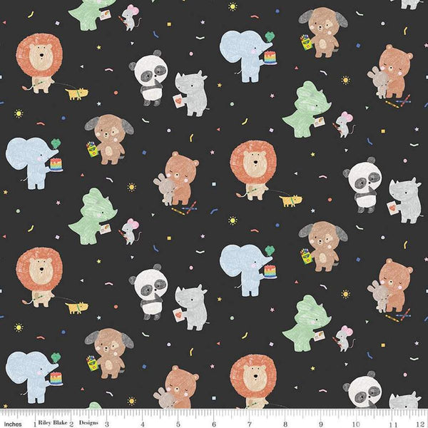 Image of the New Box of Crayons Main Black Quilting Cotton Fabric by Riley Blake Designs. Features animals on a black background. Cute Little Fabric Shop