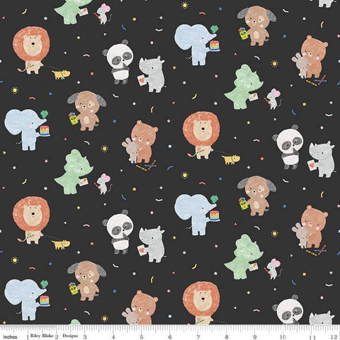 Image of the New Box of Crayons Main Black Quilting Cotton Fabric by Riley Blake Designs. Features animals on a black background. Cute Little Fabric Shop