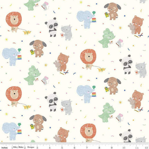 Image of the New Box of Crayons Main Cloud Quilting Cotton Fabric by Riley Blake Designs. Features animals on a cream background. Cute Little Fabric Shop