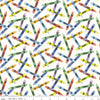 Image of the New Box of Crayons Crayon Toss Cloud Quilting Cotton Fabric by Riley Blake Designs. Features crayons on a white background. Cute Little Fabric Shop