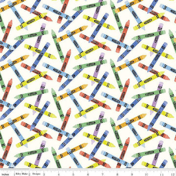 Image of the New Box of Crayons Crayon Toss Cloud Quilting Cotton Fabric by Riley Blake Designs. Features crayons on a white background. Cute Little Fabric Shop
