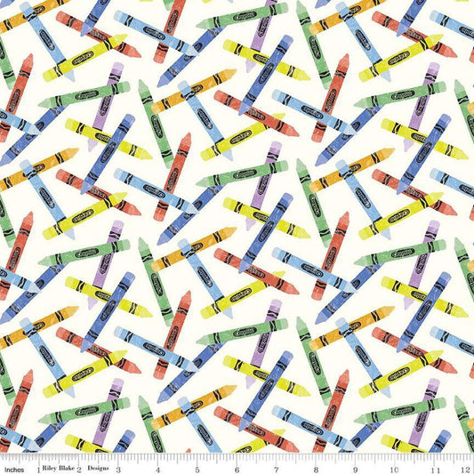 Image of the New Box of Crayons Crayon Toss Cloud Quilting Cotton Fabric by Riley Blake Designs. Features crayons on a white background. Cute Little Fabric Shop